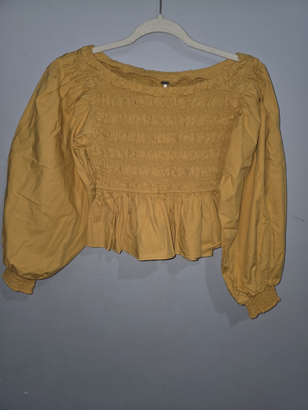 Free People Bohemian Cropped Yellow Smocked Peplum Blouse-XS